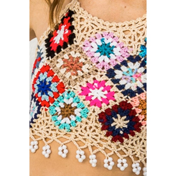 SOLD OUT Beige Multi Color Colorful Knit Open Crochet Floral Crop Tassel Top - Picture 3 of 3
